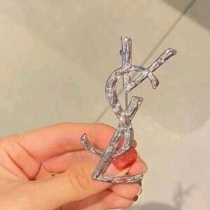 Silver YSL Style Logo Brooch
